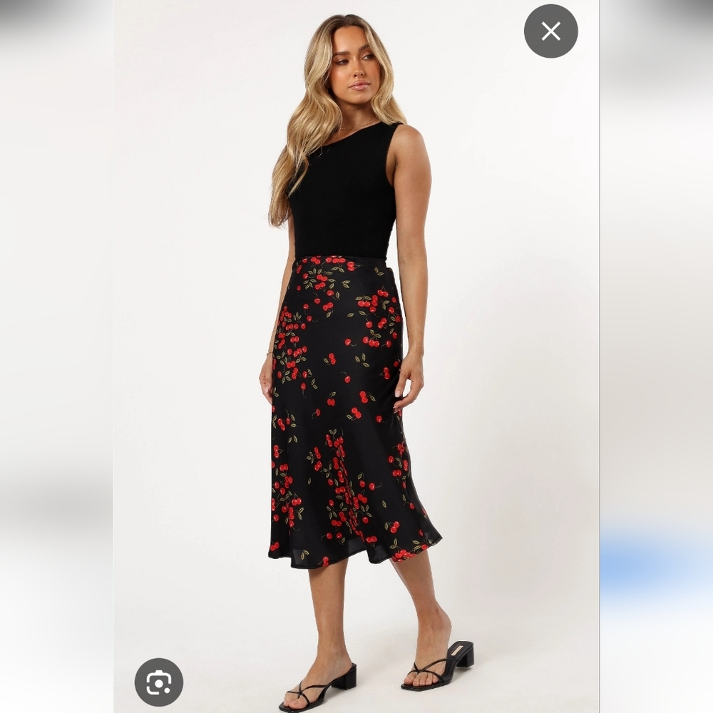 Petal & Pup Black Cherry Skirt with Red Floral Design